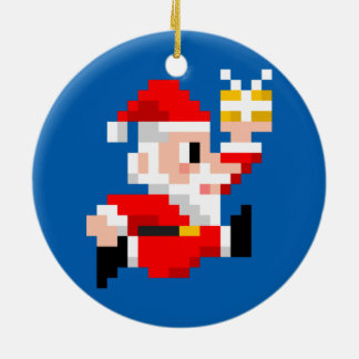 kerstversiering: 8-bits Santa Claus (blauw) Keramisch Ornament