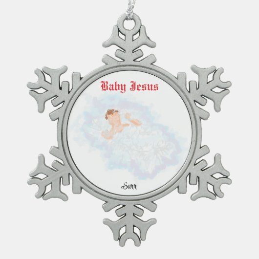 Kerstversiering: Baby Jesus Tin Sneeuwvlok Ornament (Voorkant)