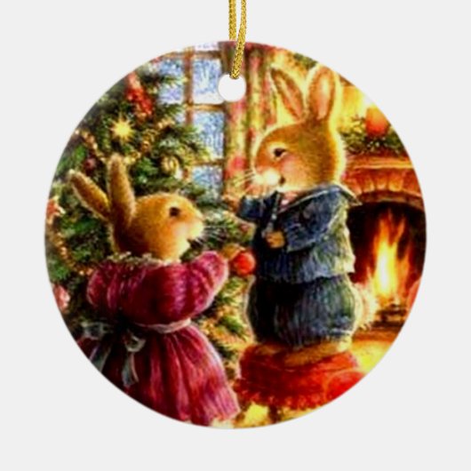 kerstversiering - Bunnies die de boom ontkleuren Keramisch Ornament (Voorkant)