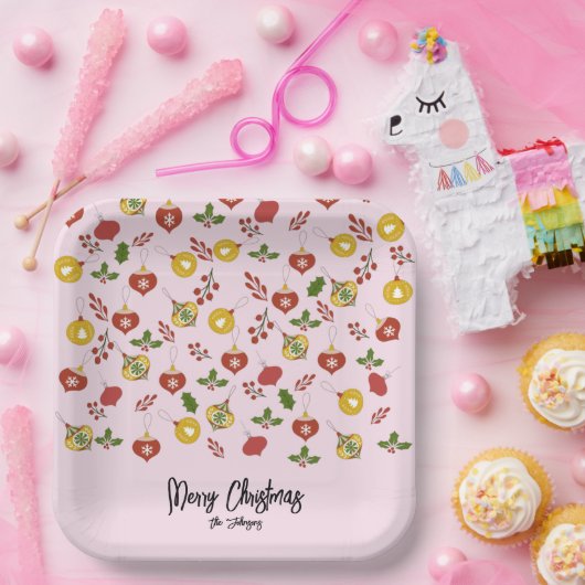 kerstversiering Festive Greenery Pink Papieren Bordje (Feest)