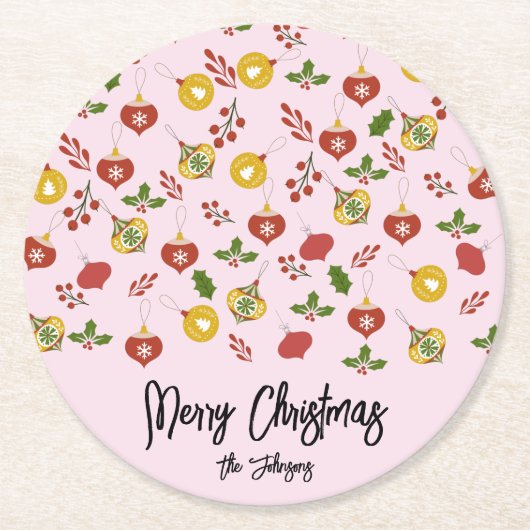kerstversiering Festive Greenery Pink Ronde Kartonnen Onderzetter (Voorkant)