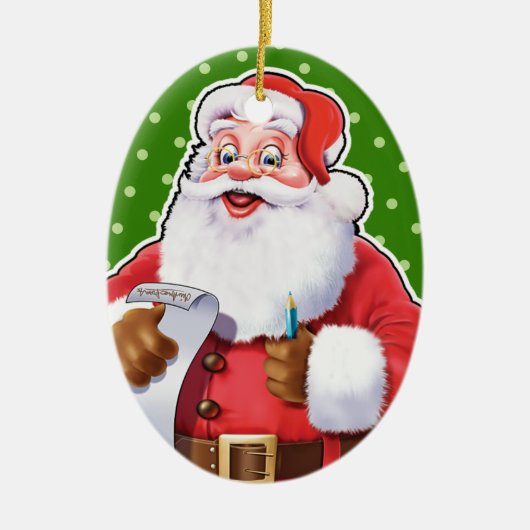 kerstversiering kerstman die zijn lijst controleer keramisch ornament (Voorkant)