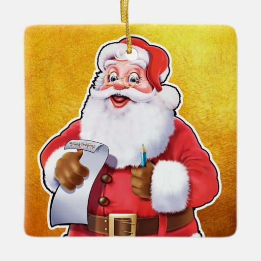 kerstversiering kerstman die zijn lijst controleer keramisch ornament (Voorkant)