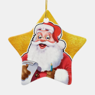 kerstversiering kerstman die zijn lijst controleer keramisch ornament