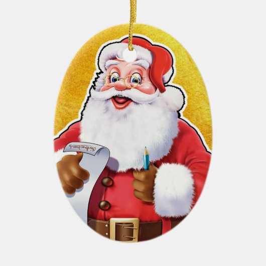 kerstversiering kerstman die zijn lijst controleer keramisch ornament (Voorkant)