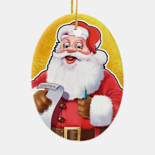 kerstversiering kerstman die zijn lijst controleer keramisch ornament (Achterkant)