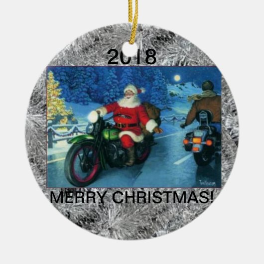 Kerstversiering/kerstman op een motorfiets 2018 keramisch ornament (Voorkant)