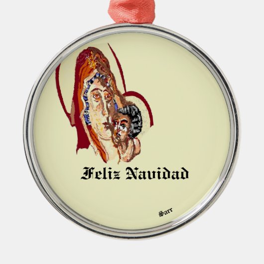 Kerstversiering: Maagd Maria met Jezus Christus Metalen Ornament (Voorkant)