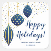 Kerstversiering met blauwe en gouden ornamenten en vierkante sticker (Voorkant)