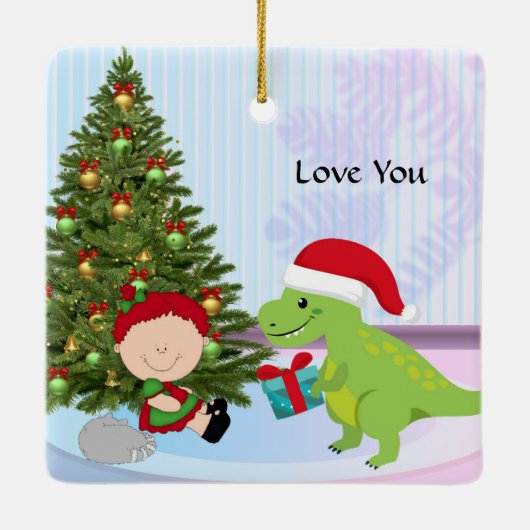 Kerstversiering met Dino en Kind Keramisch Ornament (Achterkant)
