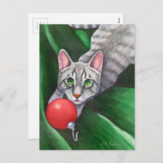 Kerstversiering met grijze kat feestdagenkaart (Voorkant / Achterkant)