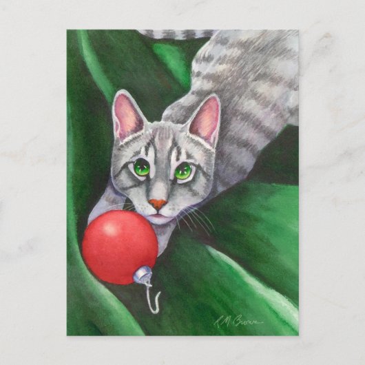 Kerstversiering met grijze kat feestdagenkaart (Voorkant)