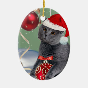Kerstversiering met grijze kat keramisch ornament