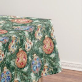 Kerstversiering met juwelen op een dennenboom tafelkleed