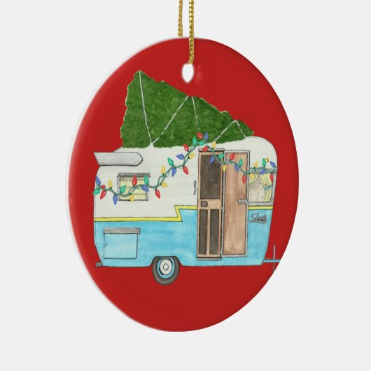 kerstversiering met kampeerwagen keramisch ornament (Rechts)