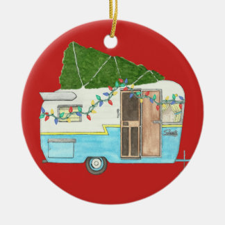 kerstversiering met kampeerwagen keramisch ornament