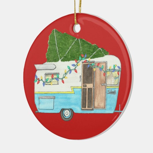  kerstversiering met kampeerwagen keramisch ornament (Links)