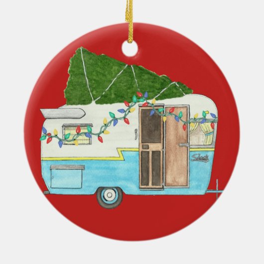  kerstversiering met kampeerwagen keramisch ornament (Achterkant)