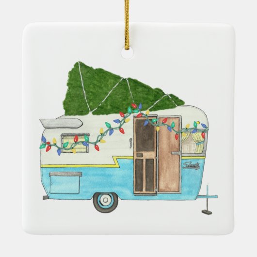  kerstversiering met kampeerwagen keramisch ornament (Achterkant)