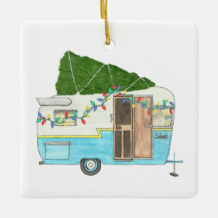 kerstversiering met kampeerwagen keramisch ornament