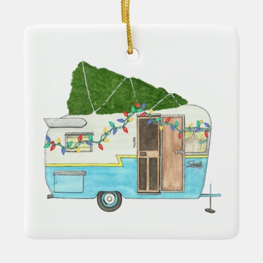 kerstversiering met kampeerwagen keramisch ornament (Voorkant)