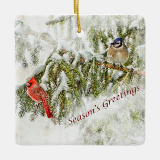 Kerstversiering met kardinaal- en blauwe kade keramisch ornament