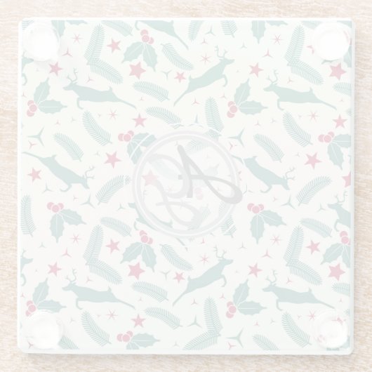Kerstversiering met monogram, herten- en hulstvolk glazen onderzetter (Achterkant)