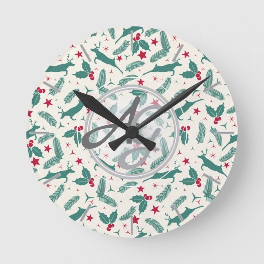 Kerstversiering met monogram herten hulst volks ronde klok (Voorkant)