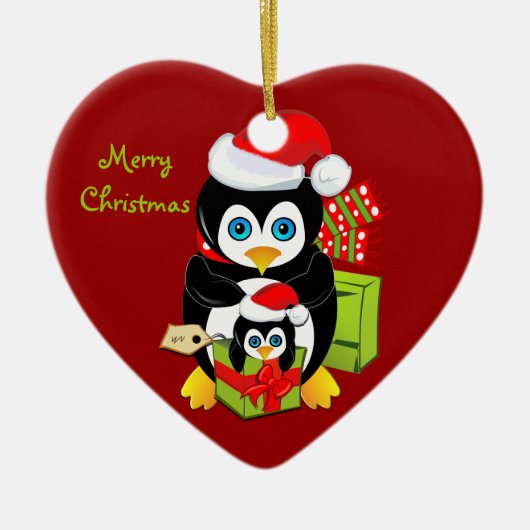 kerstversiering met pinguïn mam en Baby Keramisch Ornament (Voorkant)