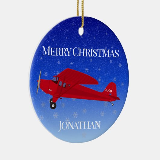 kerstversiering met rood vliegtuig keramisch ornament (Rechts)