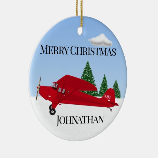 kerstversiering met rood vliegtuig keramisch ornament (Rechts)