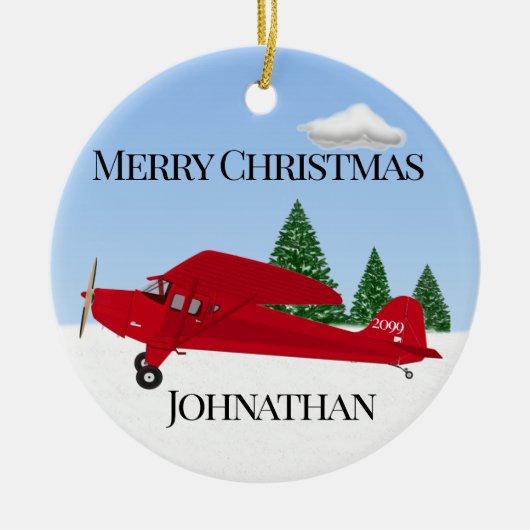 kerstversiering met rood vliegtuig keramisch ornament (Voorkant)