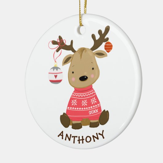 kerstversiering met winterrennier keramisch ornament (Links)