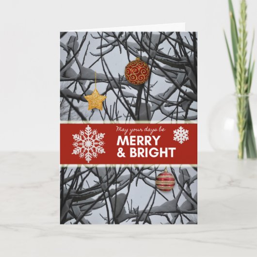 Kerstversiering op besneeuwde takken feestdagen kaart (Voorkant)