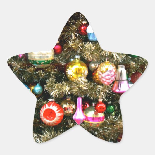 Kerstversiering op een kerstboom ster sticker (Voorkant)