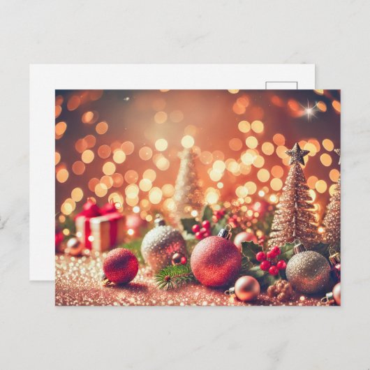 Kerstversiering op glitterachtergrond briefkaart (Voorkant / Achterkant)
