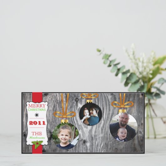 Kerstversiering op hout Vakantie Fotokaart Feestdagenkaart (Staand voorkant)
