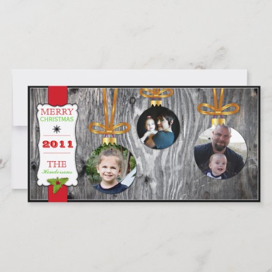 Kerstversiering op hout Vakantie Fotokaart Feestdagenkaart (Voorkant)