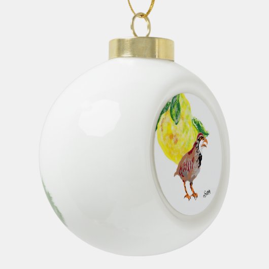 Kerstversiering: Patrijs en perenboom. Keramische Bal Ornament (Links)