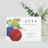 Kerstversiering, rood groen en blauw, bruiloft RSV RSVP Kaartje (Staand voorkant)