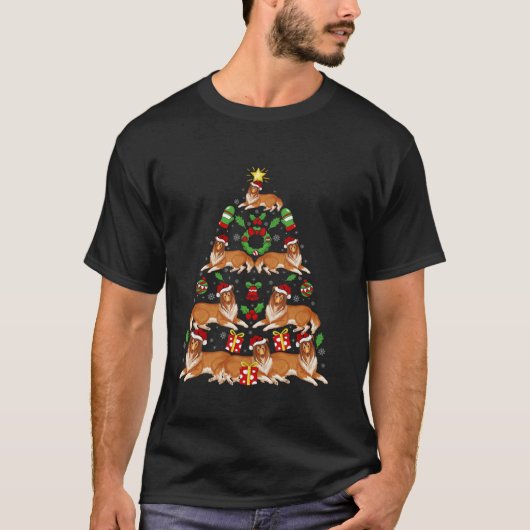 Kerstversiering Santa Hat Rough Collie Dog Kerstmi T-shirt (Voorkant)