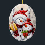Kerstversiering - Snowman Keramisch Ornament<br><div class="desc">Schattig sneeuwpaar versiert dit ornament met kerstbomen</div>
