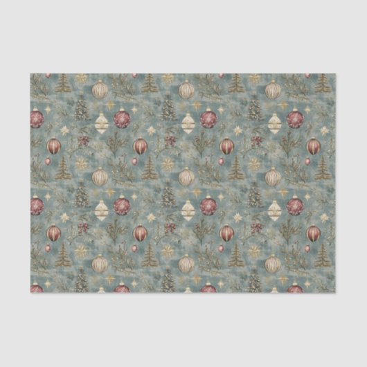 Kerstversiering uit grootmoeders tijd op een blauw tissuepapier (Voorkant)