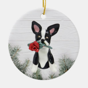 Kerstversiering van Boston Terrier Red Rose Keramisch Ornament