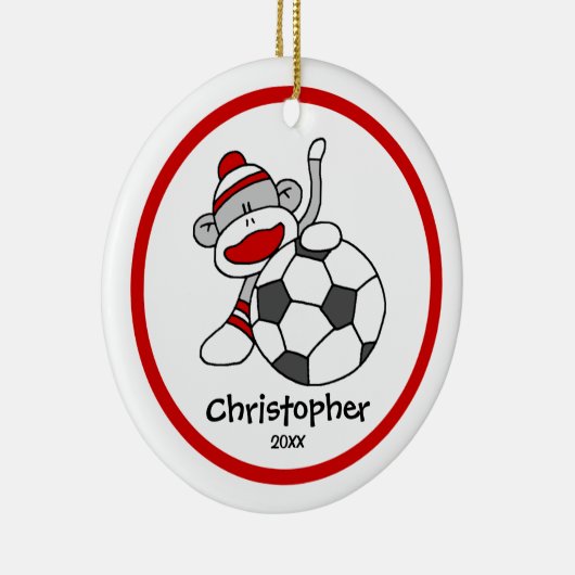 kerstversiering van Sock Monkey Soccer Boy Keramisch Ornament (Rechts)