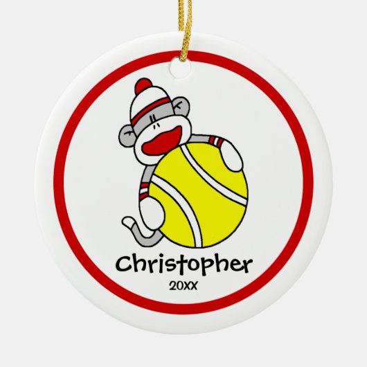 kerstversiering van Sock Monkey Tennis Boy Keramisch Ornament (Voorkant)
