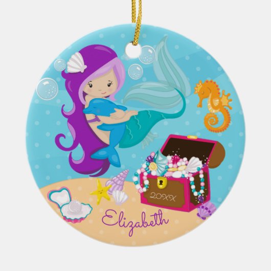 kerstversiering voor Cute Mermaid en Dolphin Keramisch Ornament (Voorkant)