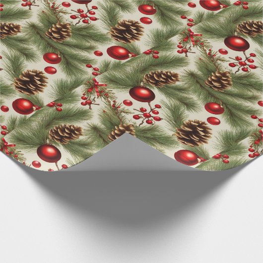 Kerstversieringen, dennenappels, dennentakken cadeaupapier (Hoek)