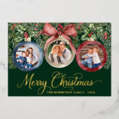 Kerstversieringen Familie Foto's Groen Goud Folie Feestdagenkaart (Voorkant)