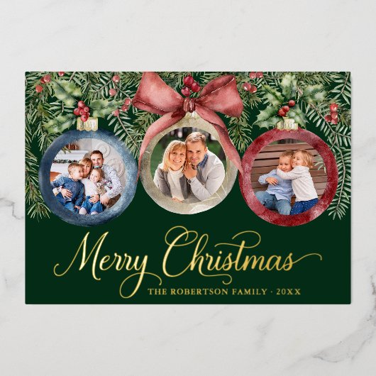 Kerstversieringen Familie Foto's Groen Goud Folie Feestdagenkaart (Voorkant)